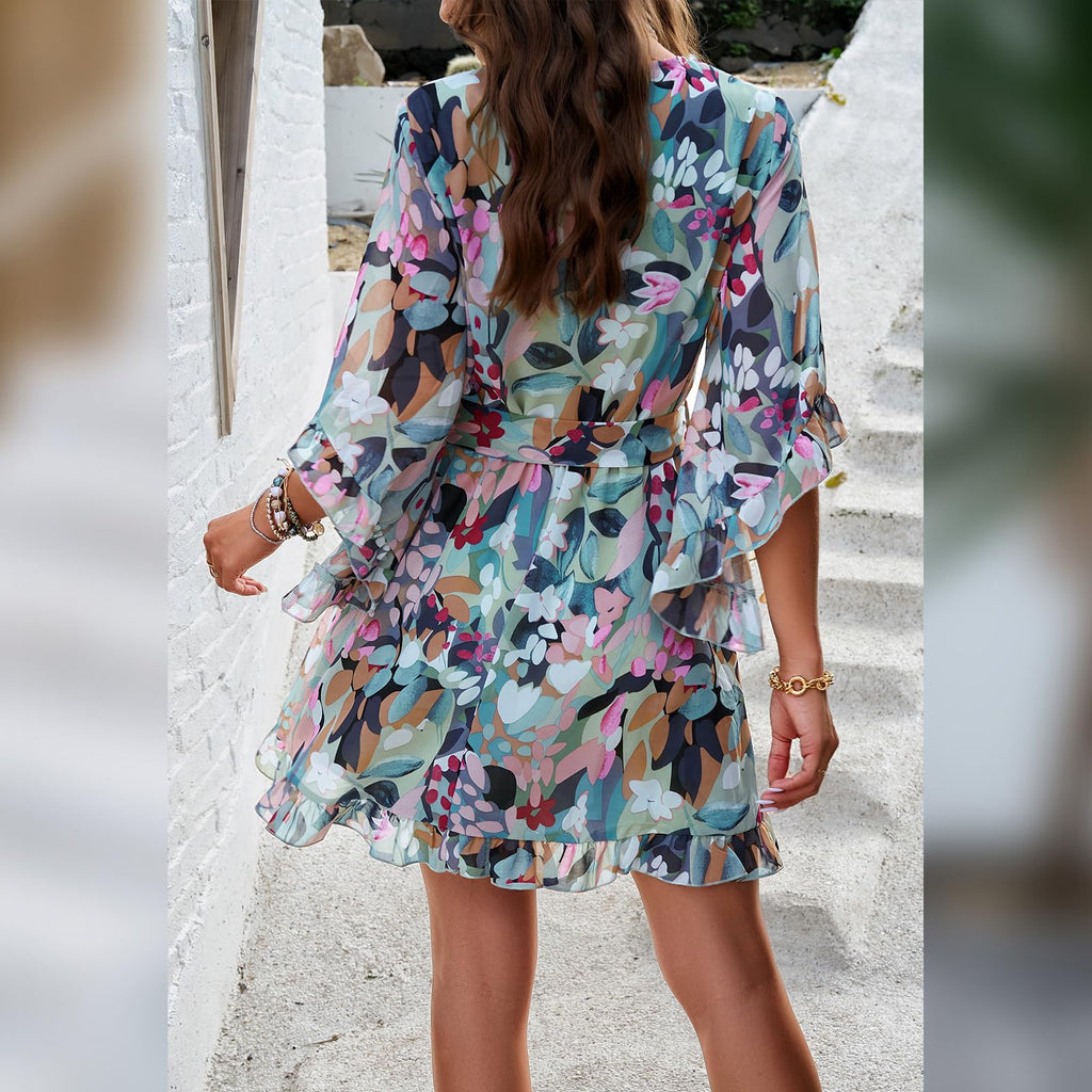 Odessa Abito Donna – Cache-Cœur Scollo a V Floral, Manches Cloche & Mousseline Mini Elegante