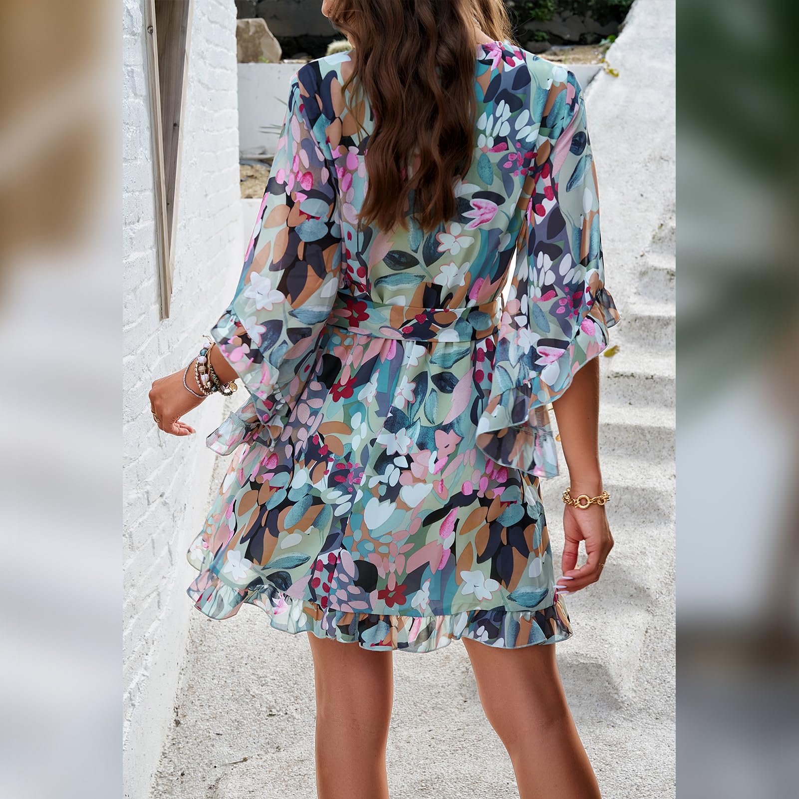 Odessa Abito Donna – Cache-Cœur Scollo a V Floral, Manches Cloche & Mousseline Mini Elegante