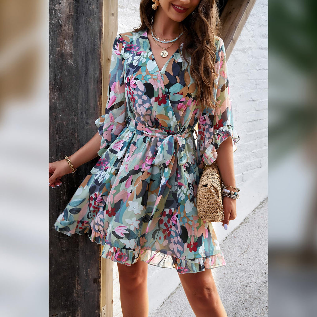 Odessa Abito Donna – Cache-Cœur Scollo a V Floral, Manches Cloche & Mousseline Mini Elegante