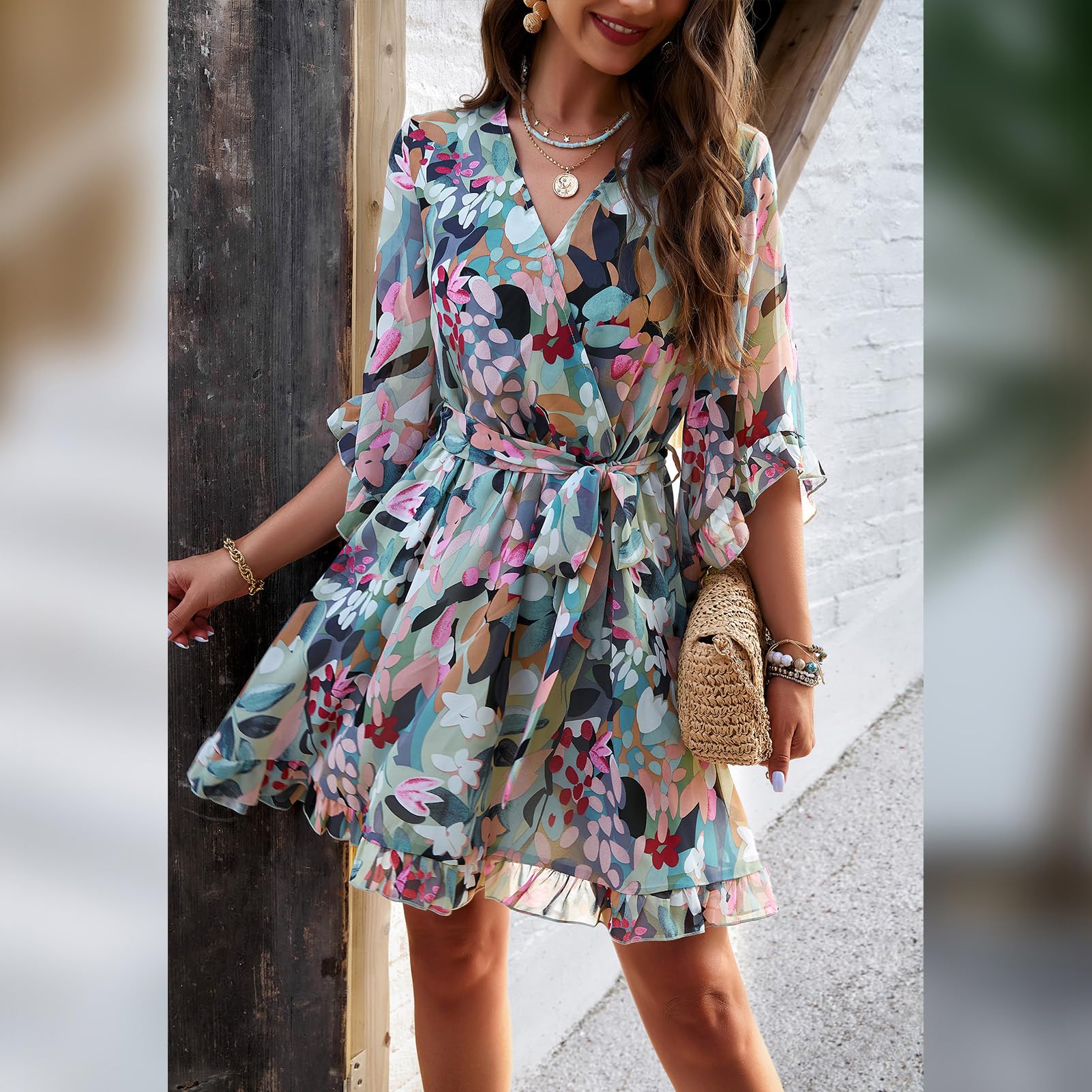 Odessa Abito Donna – Cache-Cœur Scollo a V Floral, Manches Cloche & Mousseline Mini Elegante