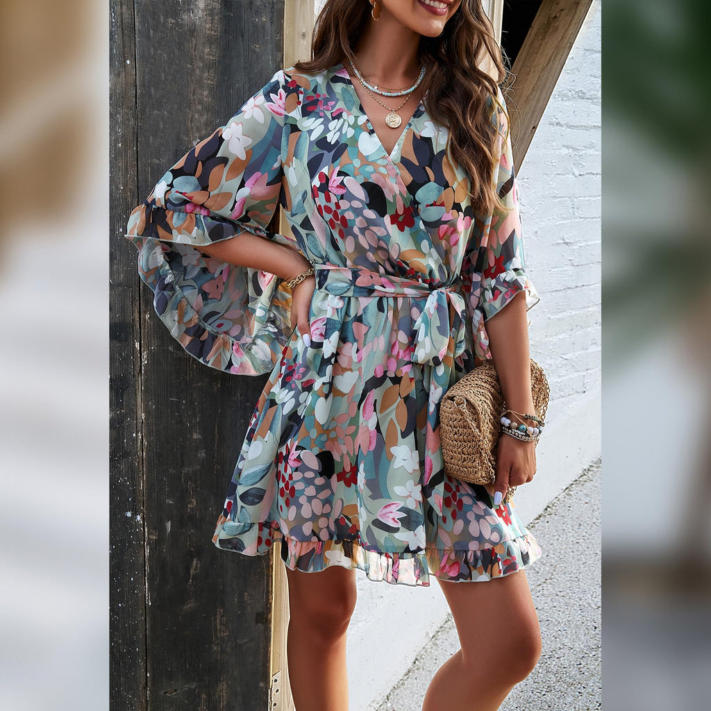 Odessa Abito Donna – Cache-Cœur Scollo a V Floral, Manches Cloche & Mousseline Mini Elegante