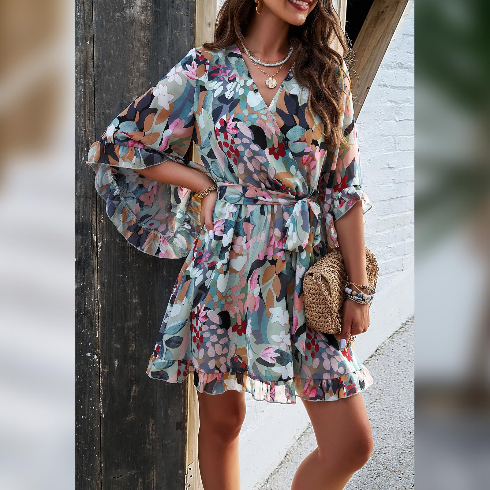 Odessa Abito Donna – Cache-Cœur Scollo a V Floral, Manches Cloche & Mousseline Mini Elegante