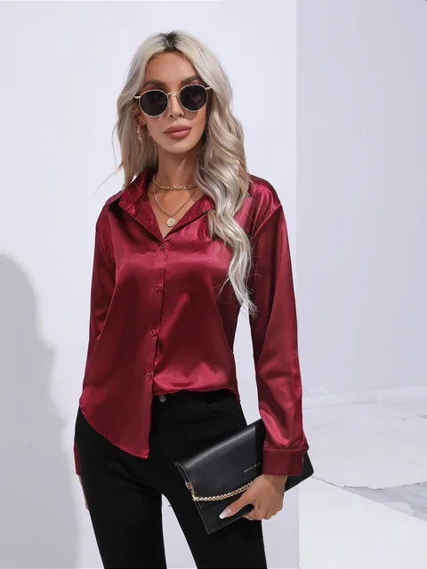 Valérie Blusa Raso Donna – Camicetta Elegante a Maniche Lunghe, Vestibilità Ampia e Brillante