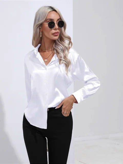 Valérie Blusa Raso Donna – Camicetta Elegante a Maniche Lunghe, Vestibilità Ampia e Brillante