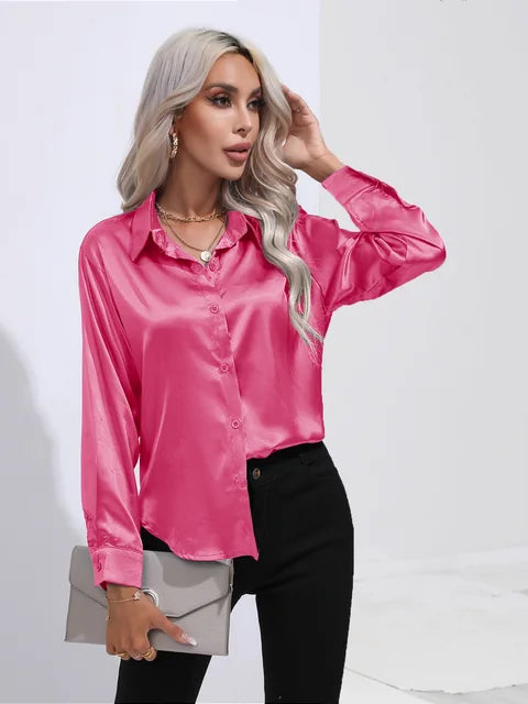 Valérie Blusa Raso Donna – Camicetta Elegante a Maniche Lunghe, Vestibilità Ampia e Brillante