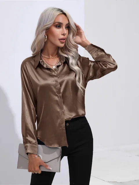 Valérie Blusa Raso Donna – Camicetta Elegante a Maniche Lunghe, Vestibilità Ampia e Brillante