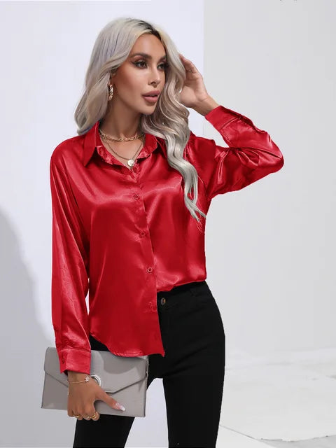 Valérie Blusa Raso Donna – Camicetta Elegante a Maniche Lunghe, Vestibilità Ampia e Brillante