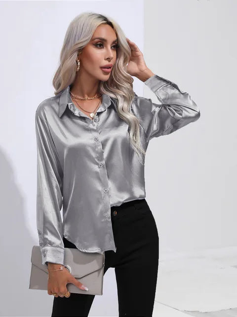 Valérie Blusa Raso Donna – Camicetta Elegante a Maniche Lunghe, Vestibilità Ampia e Brillante