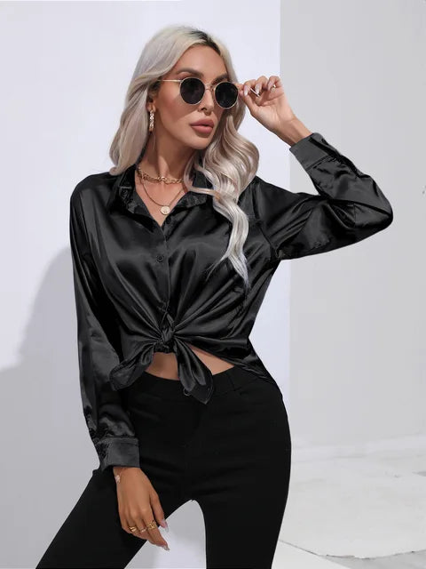Valérie Blusa Raso Donna – Camicetta Elegante a Maniche Lunghe, Vestibilità Ampia e Brillante