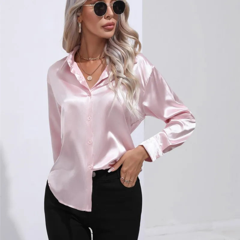 Valérie Blusa Raso Donna – Camicetta Elegante a Maniche Lunghe, Vestibilità Ampia e Brillante