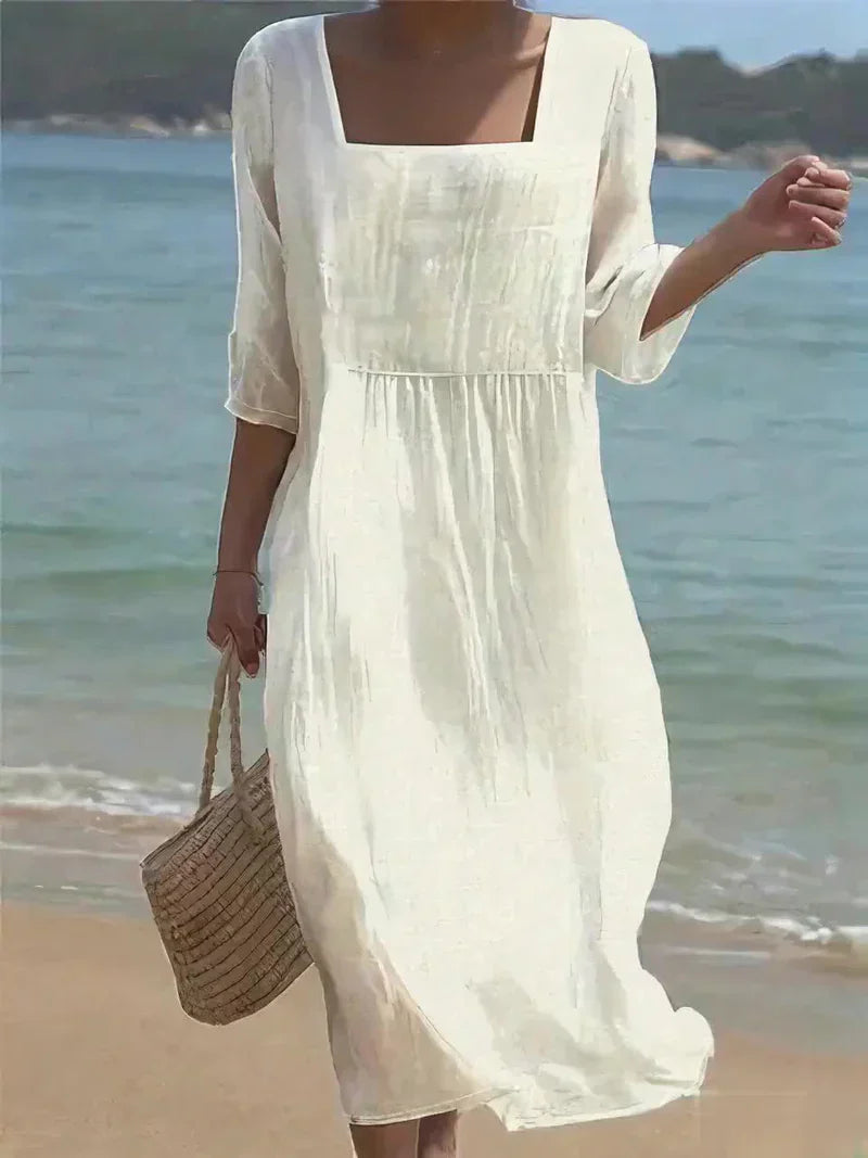 Rosita Abito Lin Donna – Abito Estate Scollo Quadrato, Vestibilità Ampia & Tissu Cotone Lin Respirant