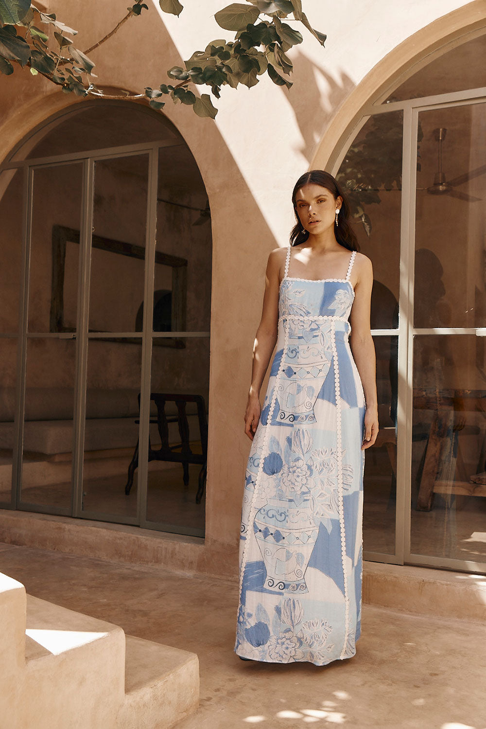 Mirasol Abito Maxi Donna – Abito Longue Scollo Quadrato, Dos Noué & Stampa Méditerranéen