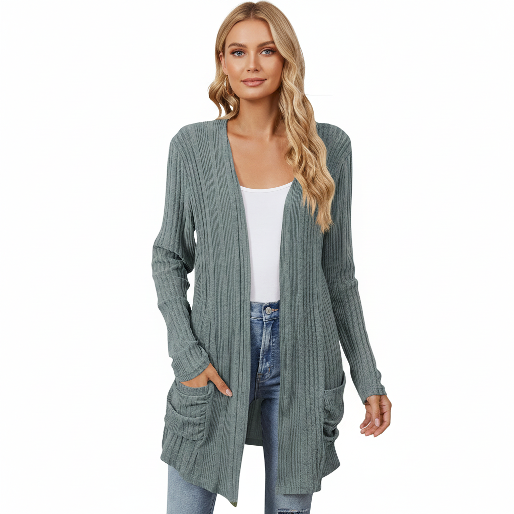 Isabelle Cardigan Long Donna – Cardigan Tricot Côtelé Ouvert con Tasche & Linea Casual