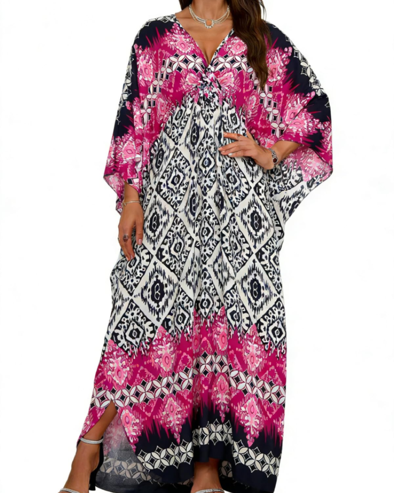 Janet Kaftan Donna Grande Taille – Abito Plage Maxi Fluida, Scollo a V & Manches Chauve-Souris Bohémien