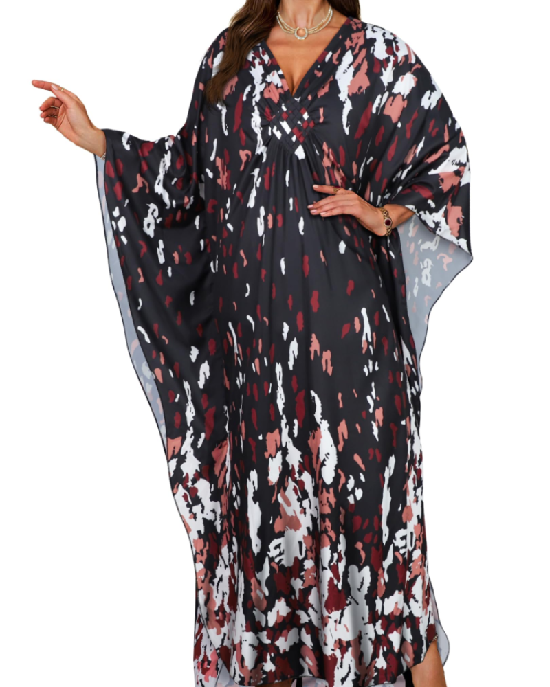 Janet Kaftan Donna Grande Taille – Abito Plage Maxi Fluida, Scollo a V & Manches Chauve-Souris Bohémien