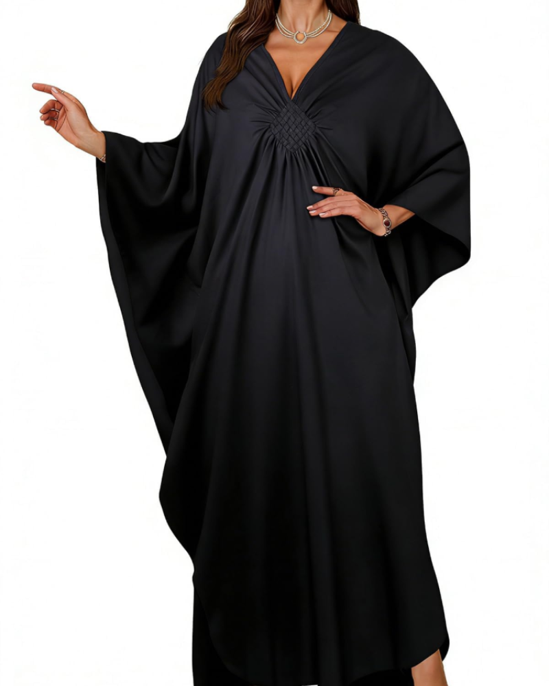 Janet Kaftan Donna Grande Taille – Abito Plage Maxi Fluida, Scollo a V & Manches Chauve-Souris Bohémien