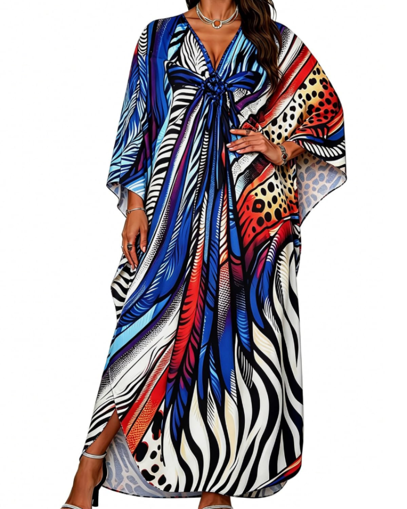 Janet Kaftan Donna Grande Taille – Abito Plage Maxi Fluida, Scollo a V & Manches Chauve-Souris Bohémien