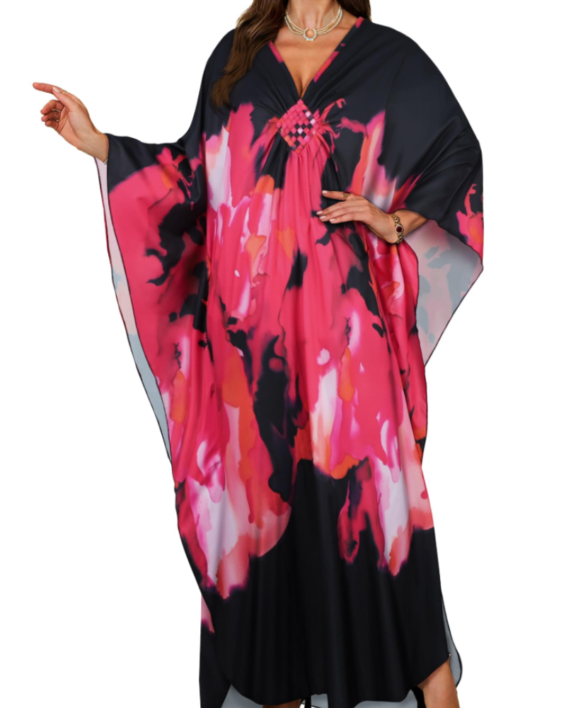 Janet Kaftan Donna Grande Taille – Abito Plage Maxi Fluida, Scollo a V & Manches Chauve-Souris Bohémien