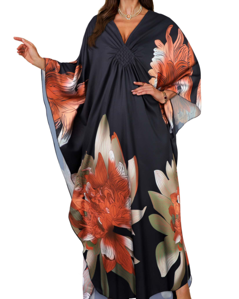 Janet Kaftan Donna Grande Taille – Abito Plage Maxi Fluida, Scollo a V & Manches Chauve-Souris Bohémien