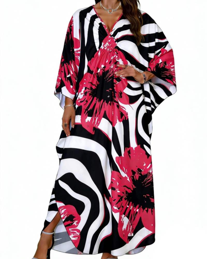 Janet Kaftan Donna Grande Taille – Abito Plage Maxi Fluida, Scollo a V & Manches Chauve-Souris Bohémien