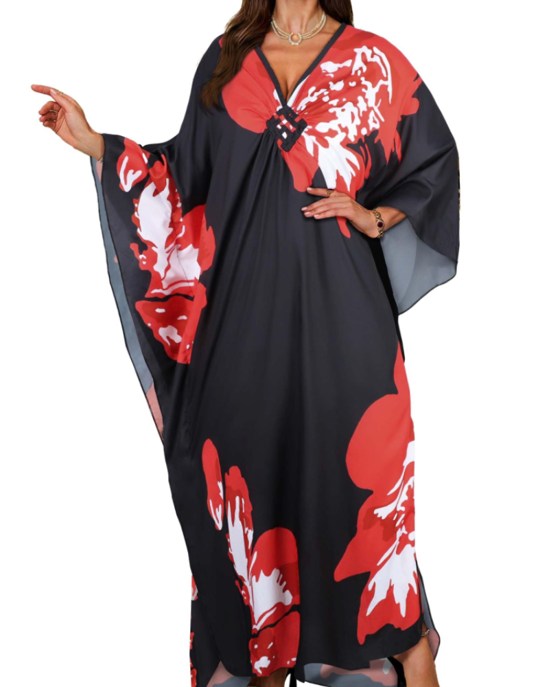 Janet Kaftan Donna Grande Taille – Abito Plage Maxi Fluida, Scollo a V & Manches Chauve-Souris Bohémien