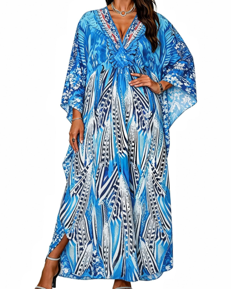 Janet Kaftan Donna Grande Taille – Abito Plage Maxi Fluida, Scollo a V & Manches Chauve-Souris Bohémien