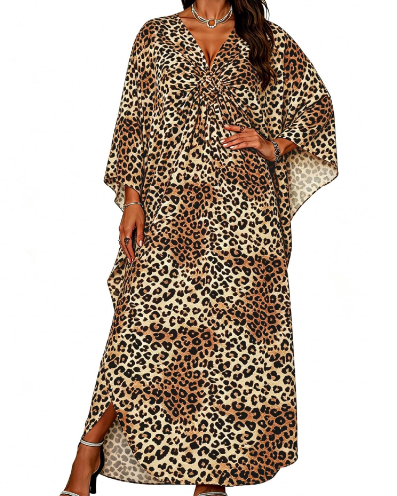 Janet Kaftan Donna Grande Taille – Abito Plage Maxi Fluida, Scollo a V & Manches Chauve-Souris Bohémien