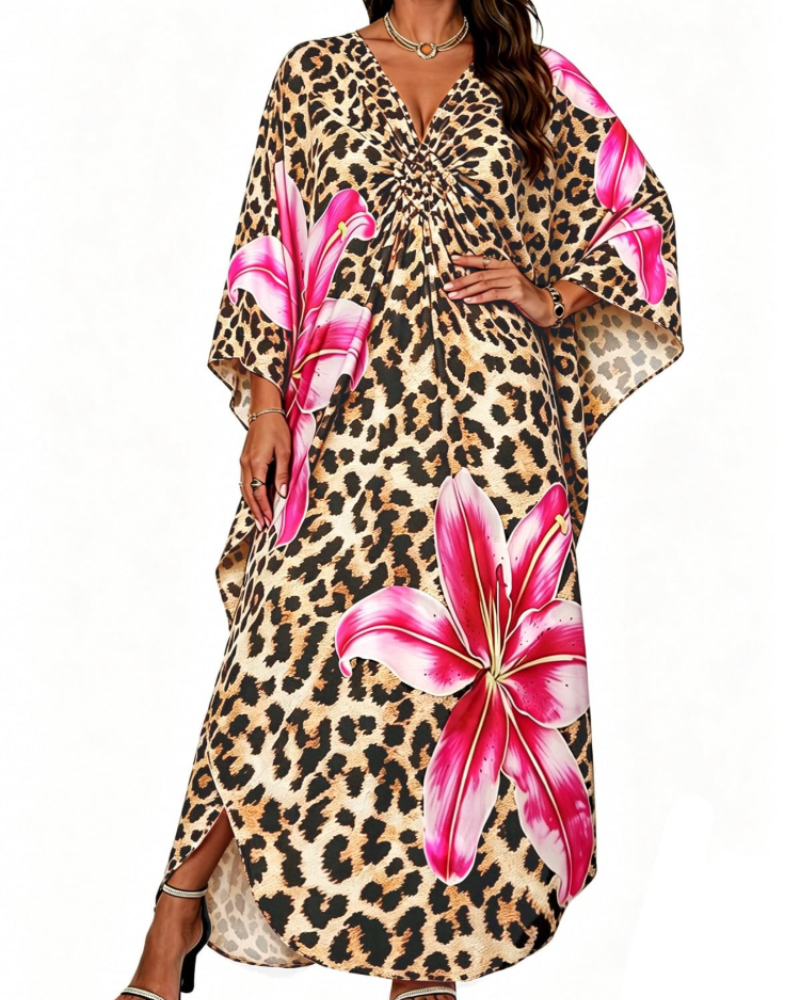 Janet Kaftan Donna Grande Taille – Abito Plage Maxi Fluida, Scollo a V & Manches Chauve-Souris Bohémien