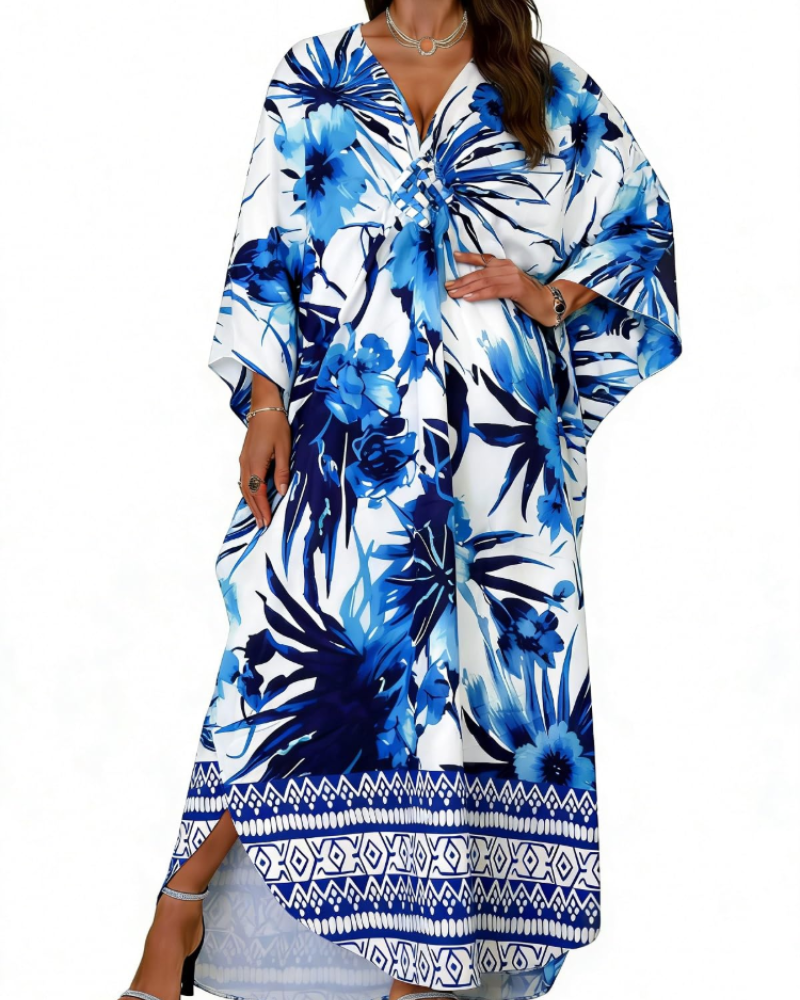 Janet Kaftan Donna Grande Taille – Abito Plage Maxi Fluida, Scollo a V & Manches Chauve-Souris Bohémien