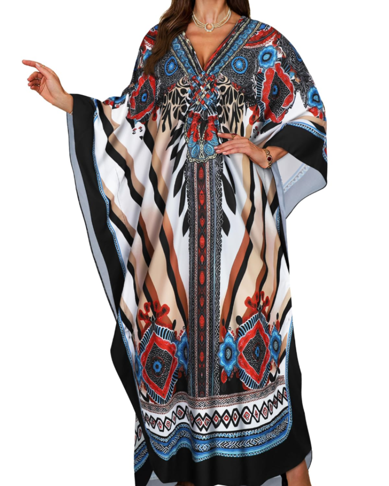 Janet Kaftan Donna Grande Taille – Abito Plage Maxi Fluida, Scollo a V & Manches Chauve-Souris Bohémien