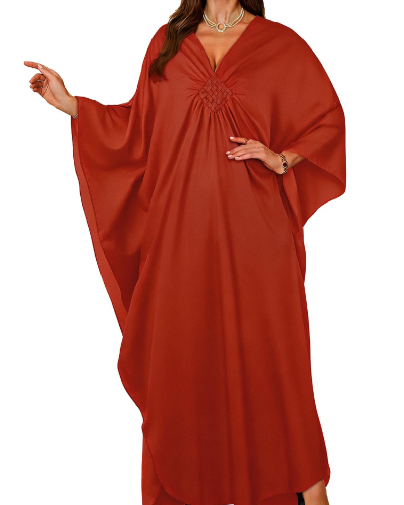Janet Kaftan Donna Grande Taille – Abito Plage Maxi Fluida, Scollo a V & Manches Chauve-Souris Bohémien