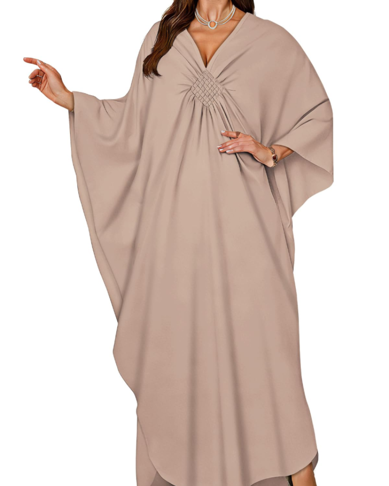 Janet Kaftan Donna Grande Taille – Abito Plage Maxi Fluida, Scollo a V & Manches Chauve-Souris Bohémien
