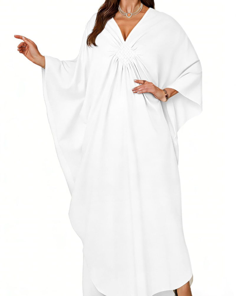 Janet Kaftan Donna Grande Taille – Abito Plage Maxi Fluida, Scollo a V & Manches Chauve-Souris Bohémien