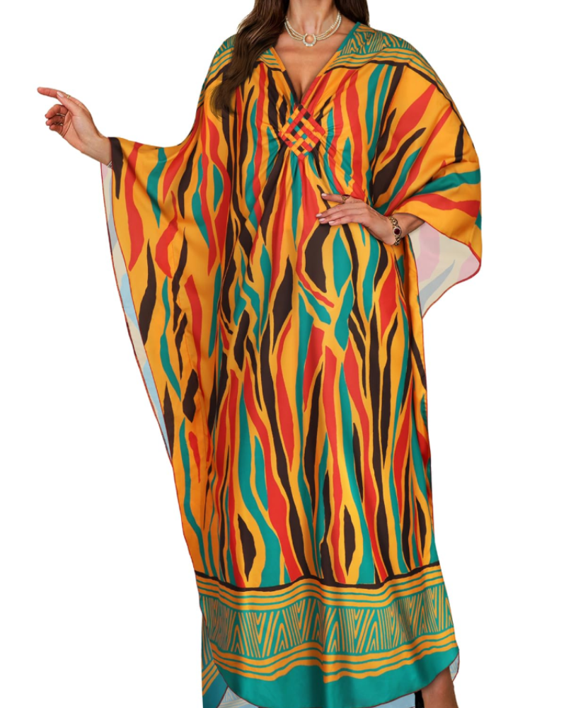 Janet Kaftan Donna Grande Taille – Abito Plage Maxi Fluida, Scollo a V & Manches Chauve-Souris Bohémien