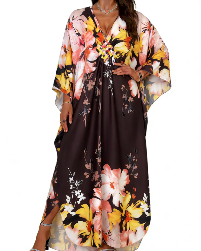 Janet Kaftan Donna Grande Taille – Abito Plage Maxi Fluida, Scollo a V & Manches Chauve-Souris Bohémien