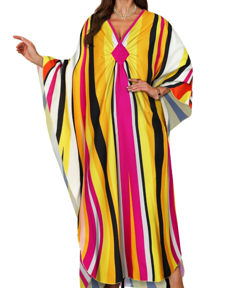 Janet Kaftan Donna Grande Taille – Abito Plage Maxi Fluida, Scollo a V & Manches Chauve-Souris Bohémien