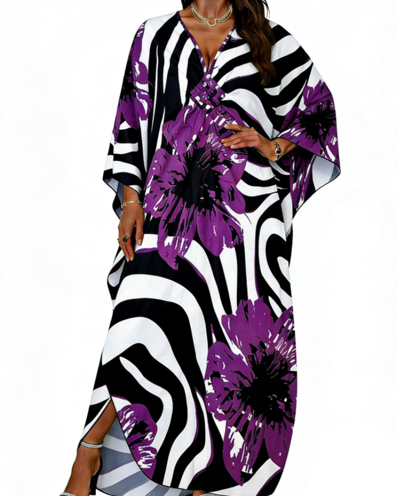 Janet Kaftan Donna Grande Taille – Abito Plage Maxi Fluida, Scollo a V & Manches Chauve-Souris Bohémien