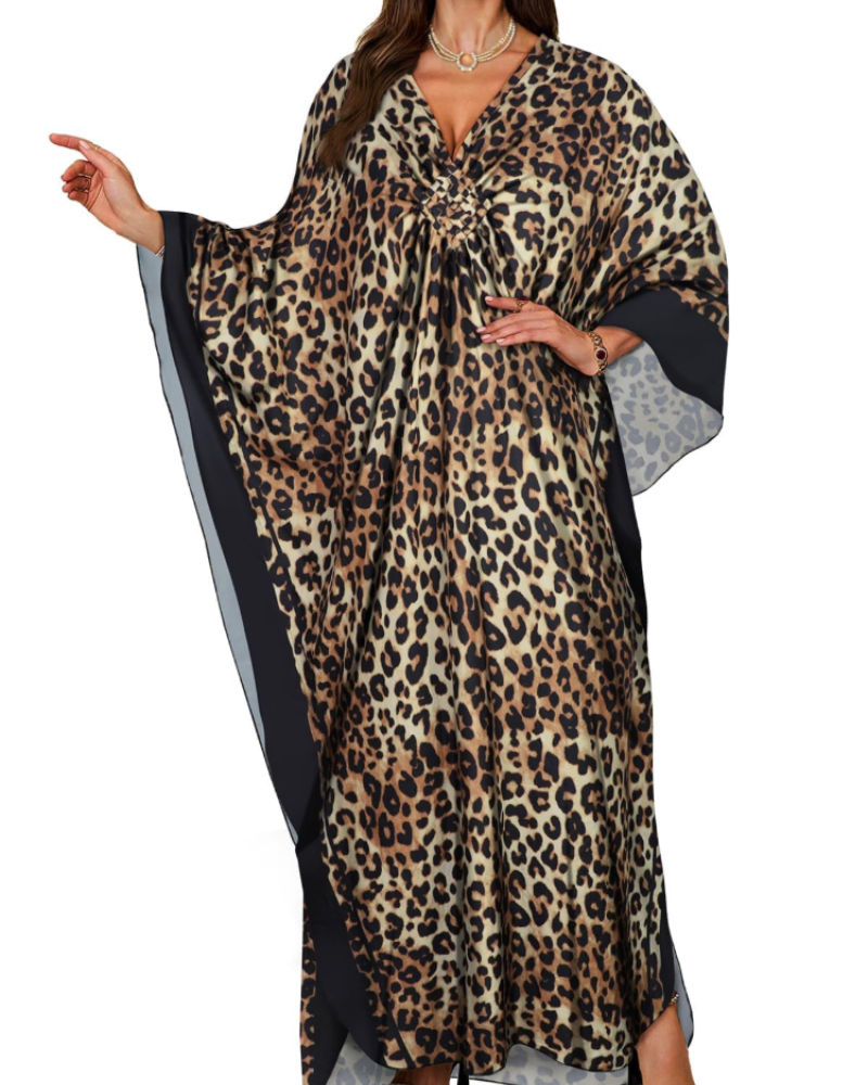 Janet Kaftan Donna Grande Taille – Abito Plage Maxi Fluida, Scollo a V & Manches Chauve-Souris Bohémien