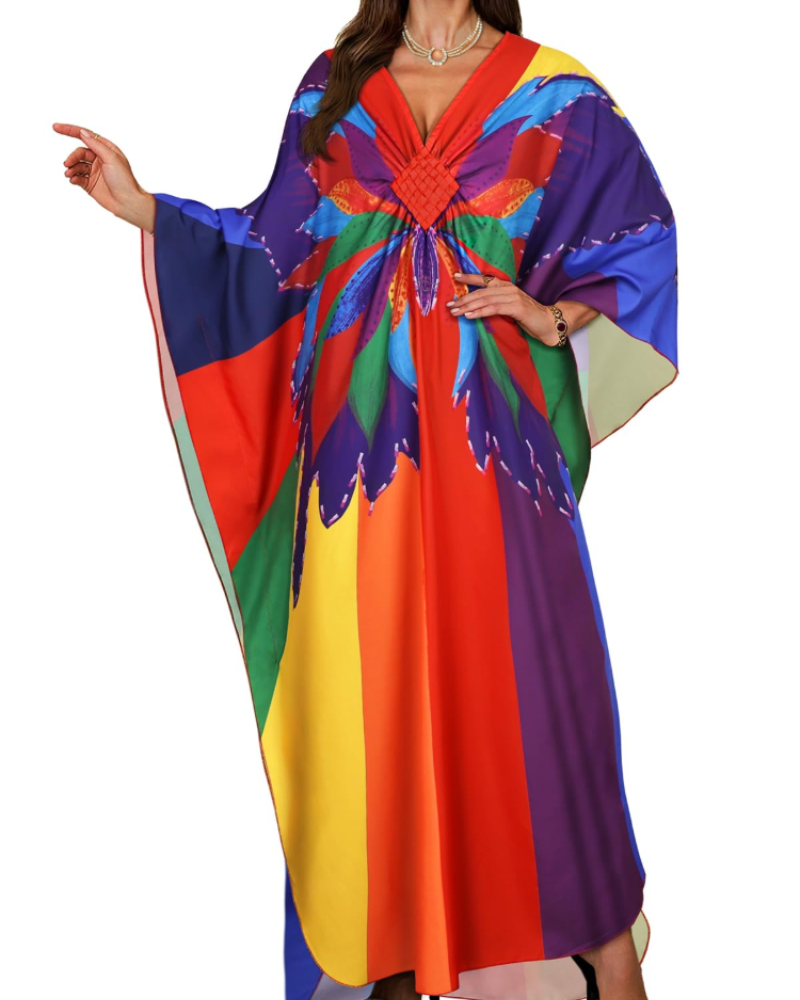 Janet Kaftan Donna Grande Taille – Abito Plage Maxi Fluida, Scollo a V & Manches Chauve-Souris Bohémien
