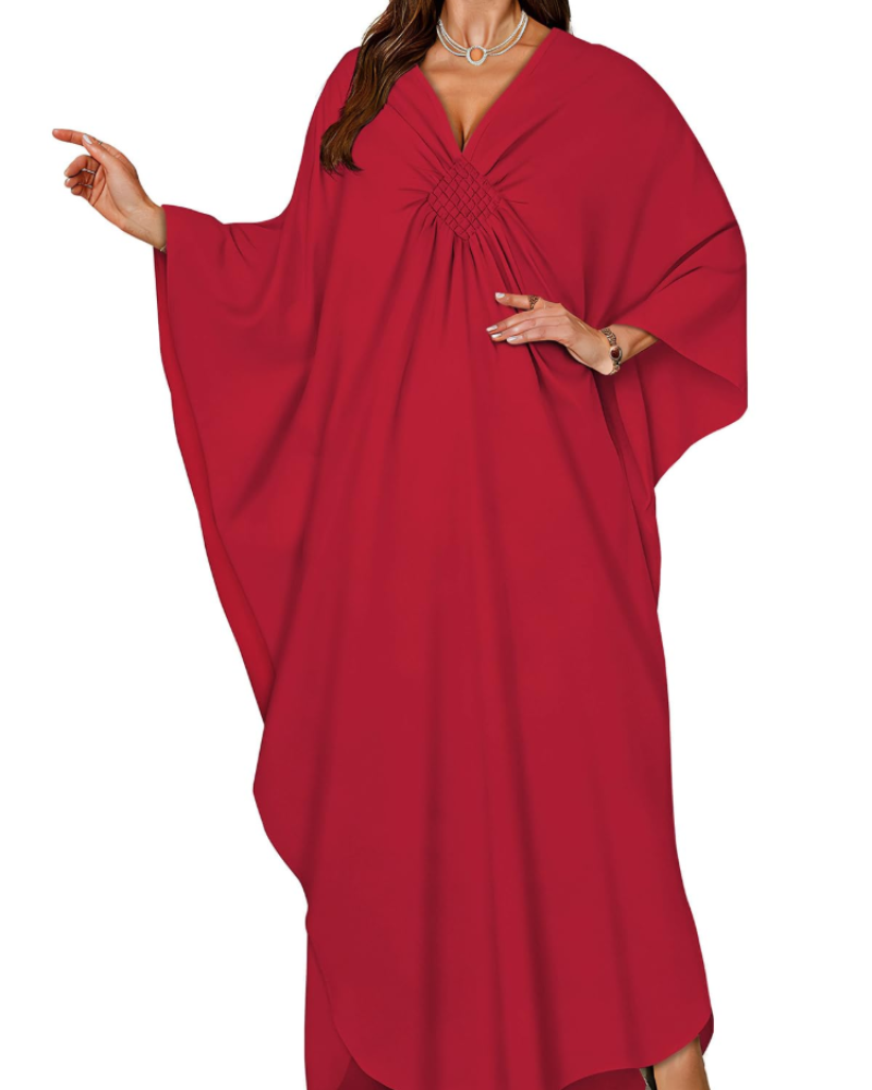 Janet Kaftan Donna Grande Taille – Abito Plage Maxi Fluida, Scollo a V & Manches Chauve-Souris Bohémien