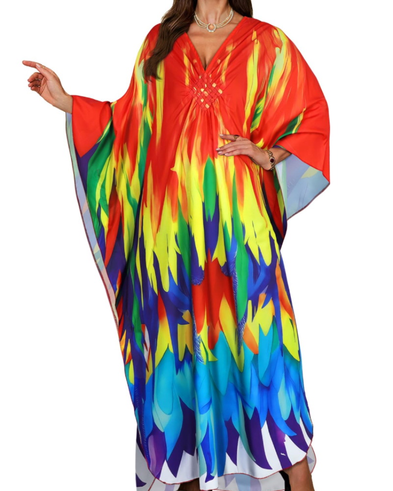 Janet Kaftan Donna Grande Taille – Abito Plage Maxi Fluida, Scollo a V & Manches Chauve-Souris Bohémien