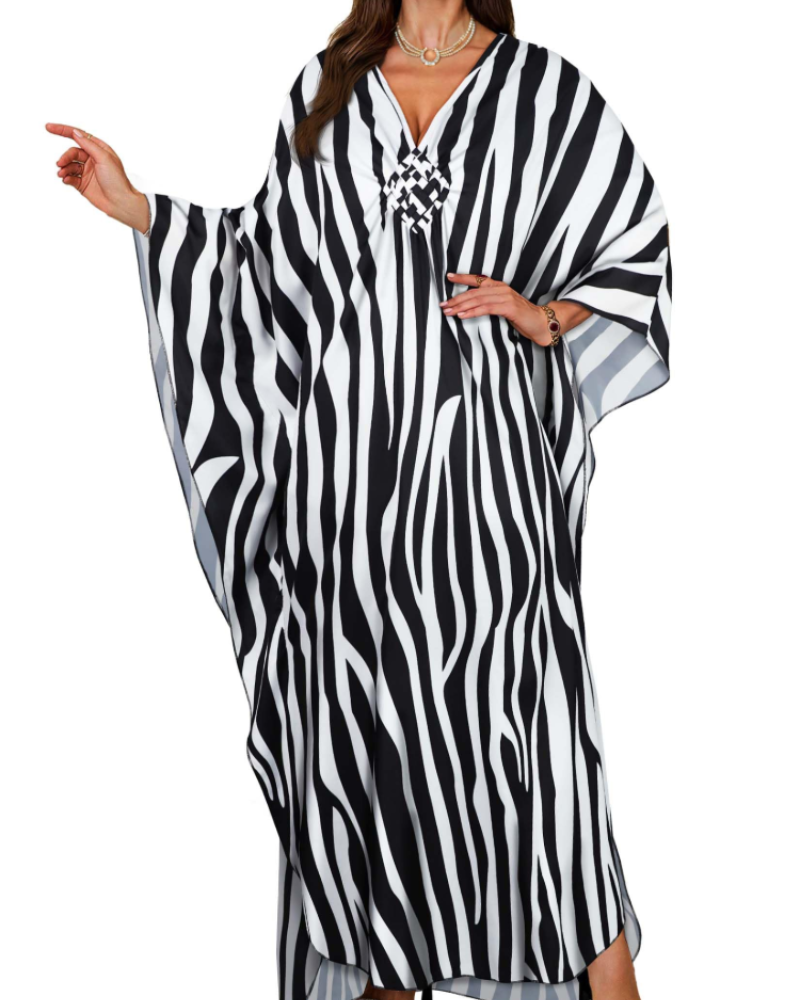 Janet Kaftan Donna Grande Taille – Abito Plage Maxi Fluida, Scollo a V & Manches Chauve-Souris Bohémien