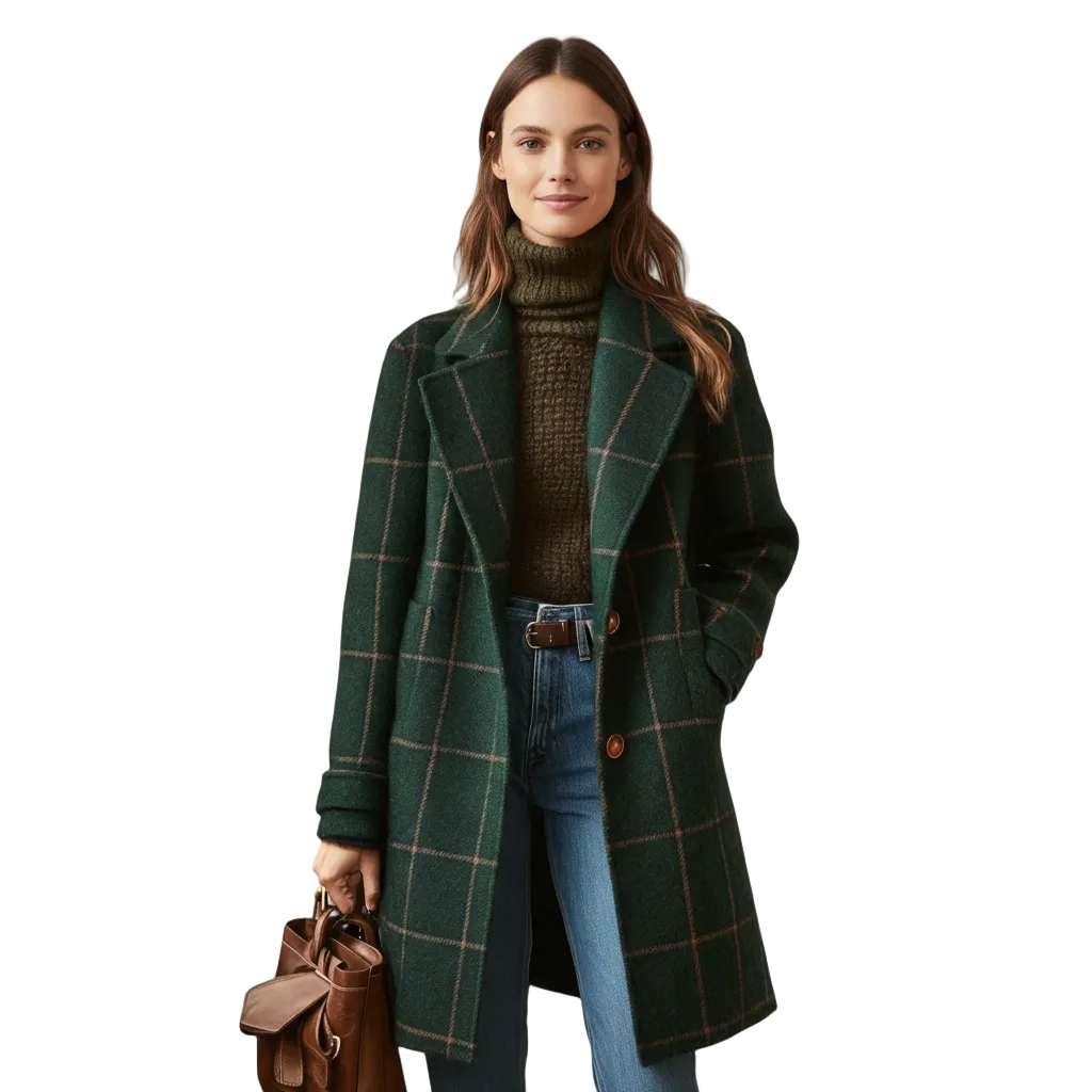 Jaziel Cappotto Donna a Carreaux Verts – Linea Elegante, Chaleur Hivernale & Style Intemporel