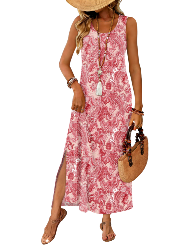 Janea Abito Maxi Donna – Abito Estate Senza Maniche Linea Fluida, Girocollo con Fente & Tasche, Style Plage Bohémien