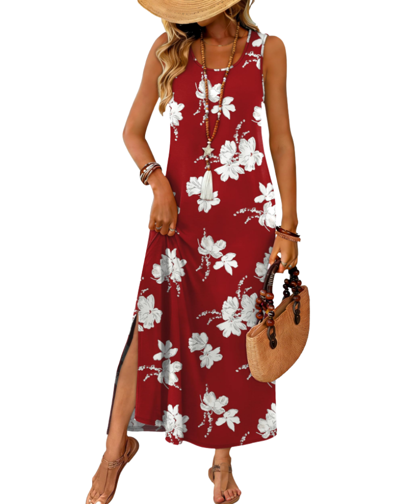 Janea Abito Maxi Donna – Abito Estate Senza Maniche Linea Fluida, Girocollo con Fente & Tasche, Style Plage Bohémien