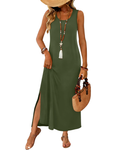 Janea Abito Maxi Donna – Abito Estate Senza Maniche Linea Fluida, Girocollo con Fente & Tasche, Style Plage Bohémien