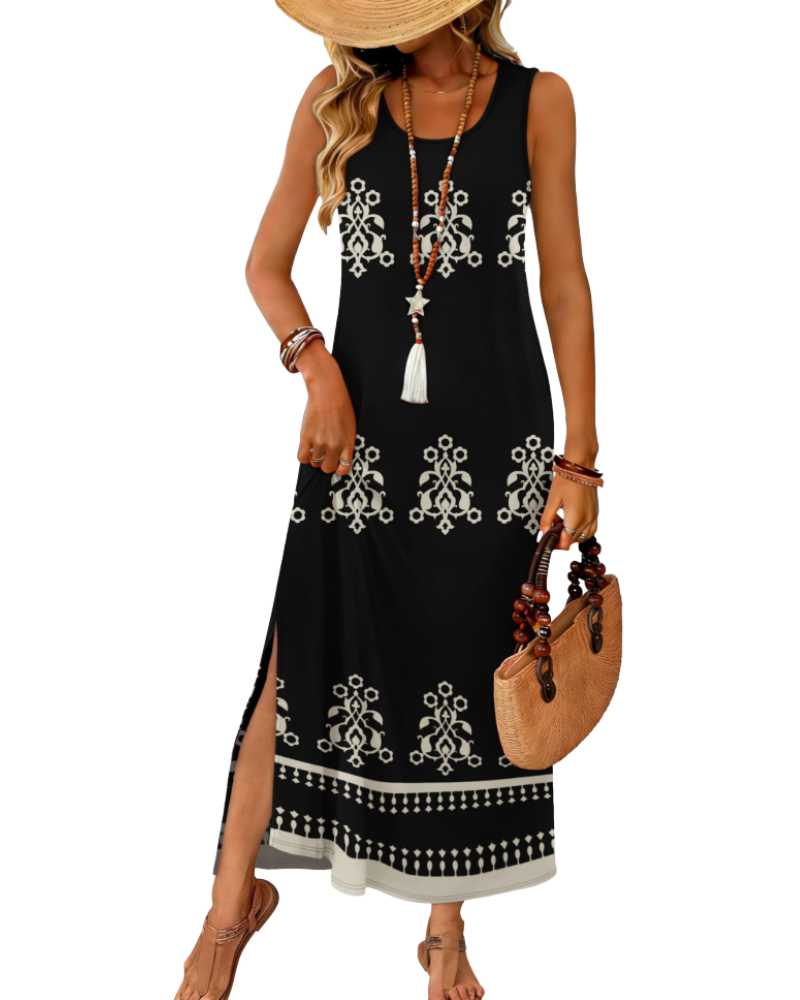 Janea Abito Maxi Donna – Abito Estate Senza Maniche Linea Fluida, Girocollo con Fente & Tasche, Style Plage Bohémien