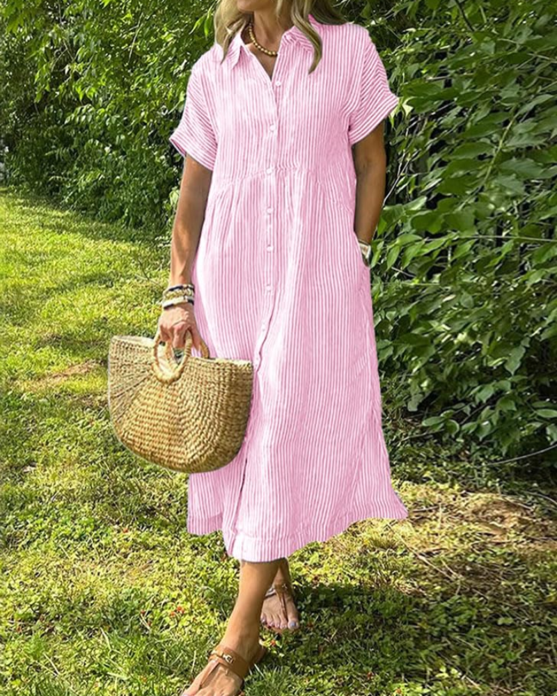 Laylani Abito Camicia Donna – Rayures Midi Boutonnée, Maniche Corte & Linea a Trapezio Fluida