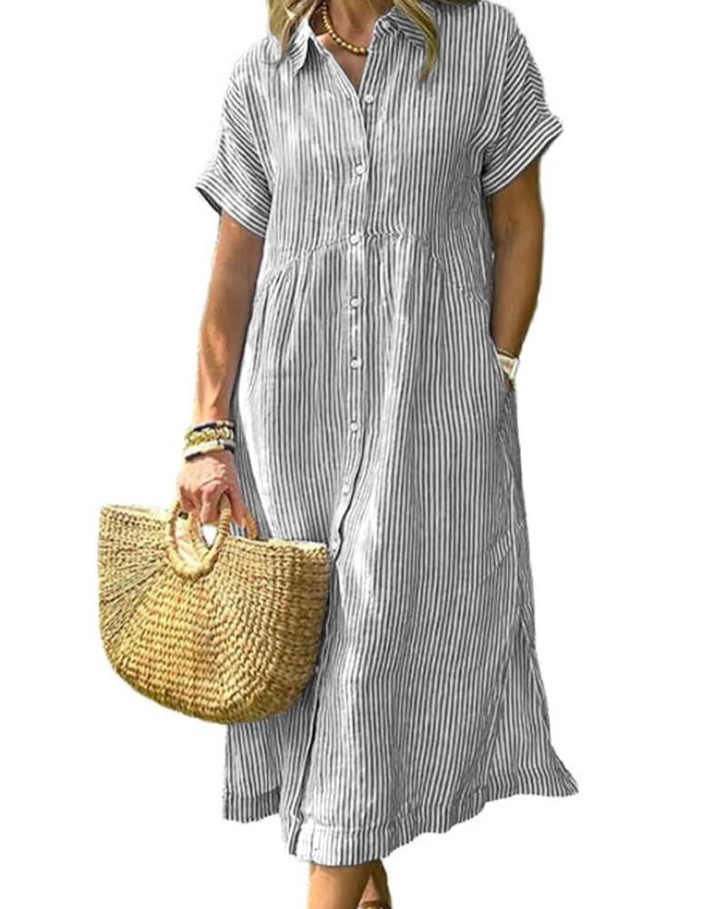 Laylani Abito Camicia Donna – Rayures Midi Boutonnée, Maniche Corte & Linea a Trapezio Fluida