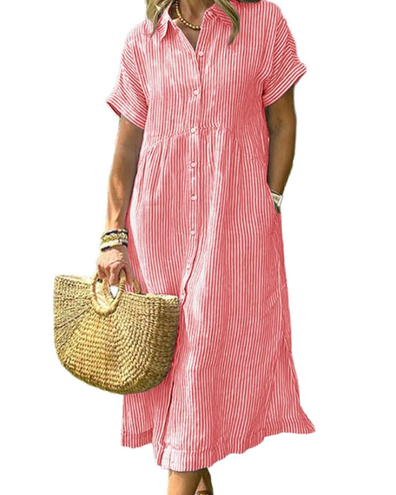 Laylani Abito Camicia Donna – Rayures Midi Boutonnée, Maniche Corte & Linea a Trapezio Fluida